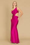 A stunning magenta prom dress featuring elegant side cutouts, designed for a glamorous and sophisticated look.