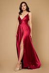 A stunning burgundy satin formal prom party dress featuring a long, flowy silhouette that gracefully cascades to the floor, perfect for an elegant evening event.