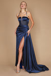 A stunning long formal prom dress featuring a daring sexy slit, elegantly designed to enhance the silhouette and create a captivating look for any special occasion.
