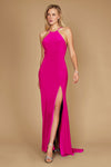 A stunning magenta long fitted prom dress featuring an elegant open back design, showcasing a sleek silhouette that flows gracefully to the floor.