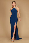 A stunning long fitted navy prom dress featuring an elegant open back design, crafted from soft jersey fabric that gracefully hugs the silhouette.