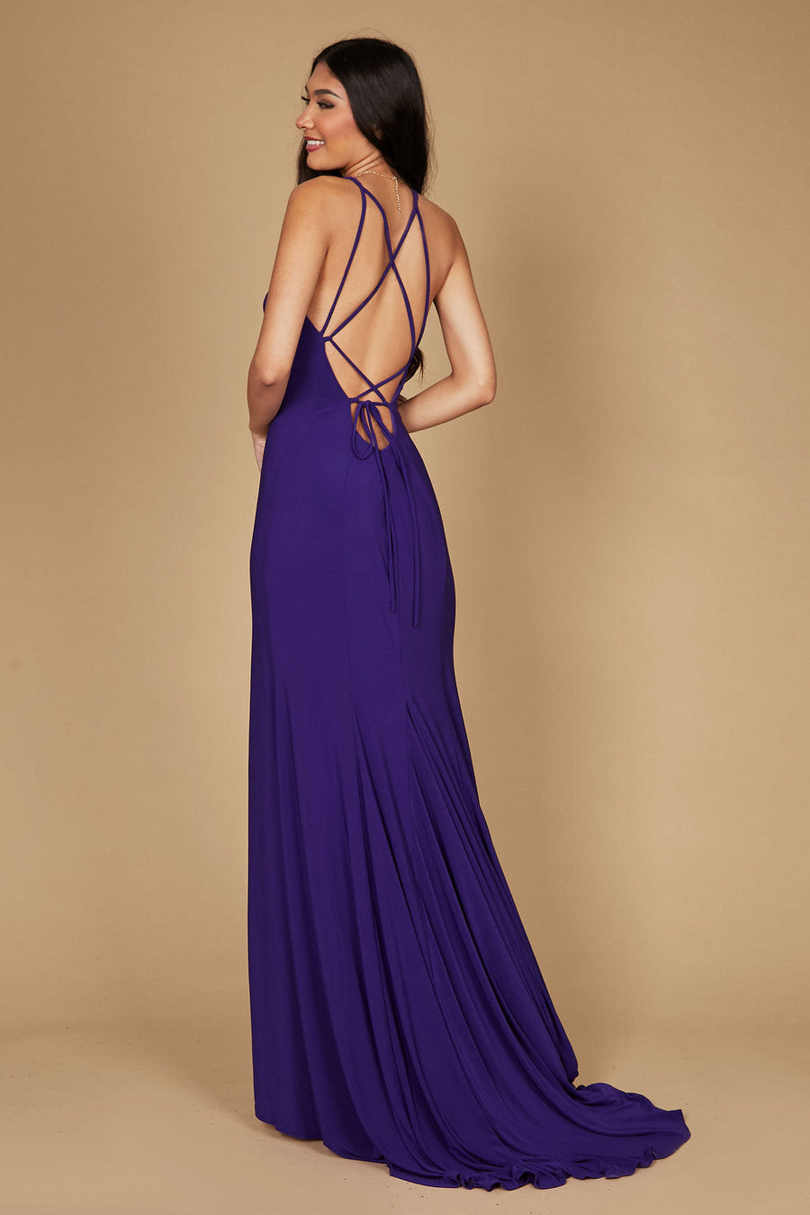 A stunning long fitted prom dress in rich plum, featuring an elegant open back design that adds a touch of sophistication and allure.