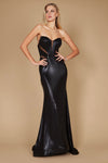 A stunning black long corset mermaid formal prom dress, featuring intricate lace detailing and a fitted bodice that flares out into a dramatic skirt, perfect for an elegant evening event.