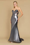 A stunning long corset mermaid formal prom dress in charcoal, featuring a fitted bodice with intricate lace detailing and a flowing skirt that elegantly flares at the knees.