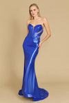 A stunning long corset mermaid formal prom dress in royal blue, featuring intricate lace detailing and a fitted bodice that flares out into a dramatic skirt, perfect for an elegant evening event.