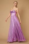 A stunning mauve prom dress featuring a long, sparkling cowl neckline and a fitted corset bodice, elegantly flowing into a full skirt that shimmers with every movement.