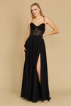 Elegant long chiffon corset formal prom dress in black, featuring a fitted bodice and flowing skirt, perfect for a sophisticated evening look.
