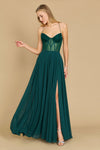 Elegant long chiffon corset formal prom dress in a rich emerald green, featuring a fitted bodice and flowing skirt, perfect for a glamorous evening event.