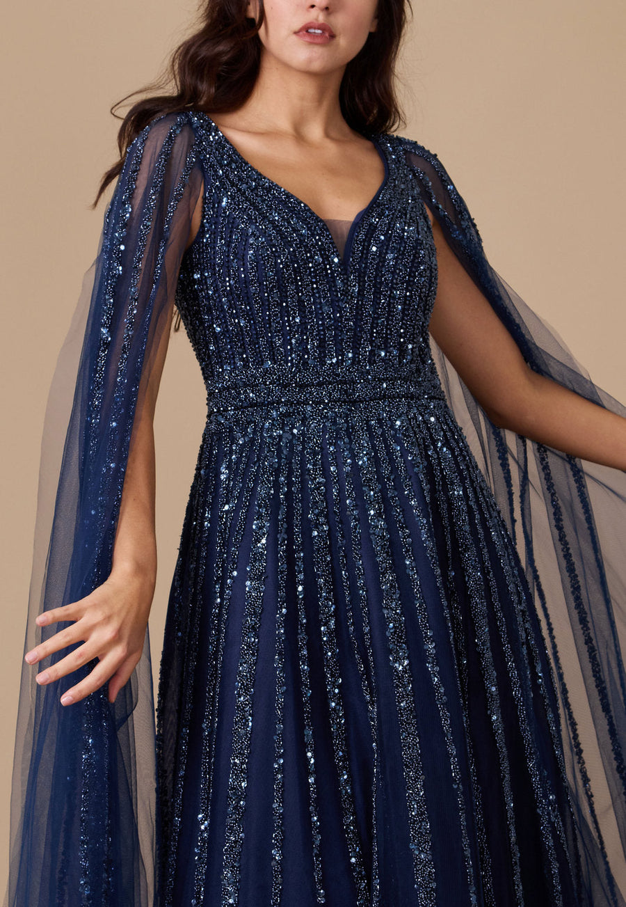 Formal Dresses Cape Sleeve Heavy Beaded Couture Formal Dress Navy