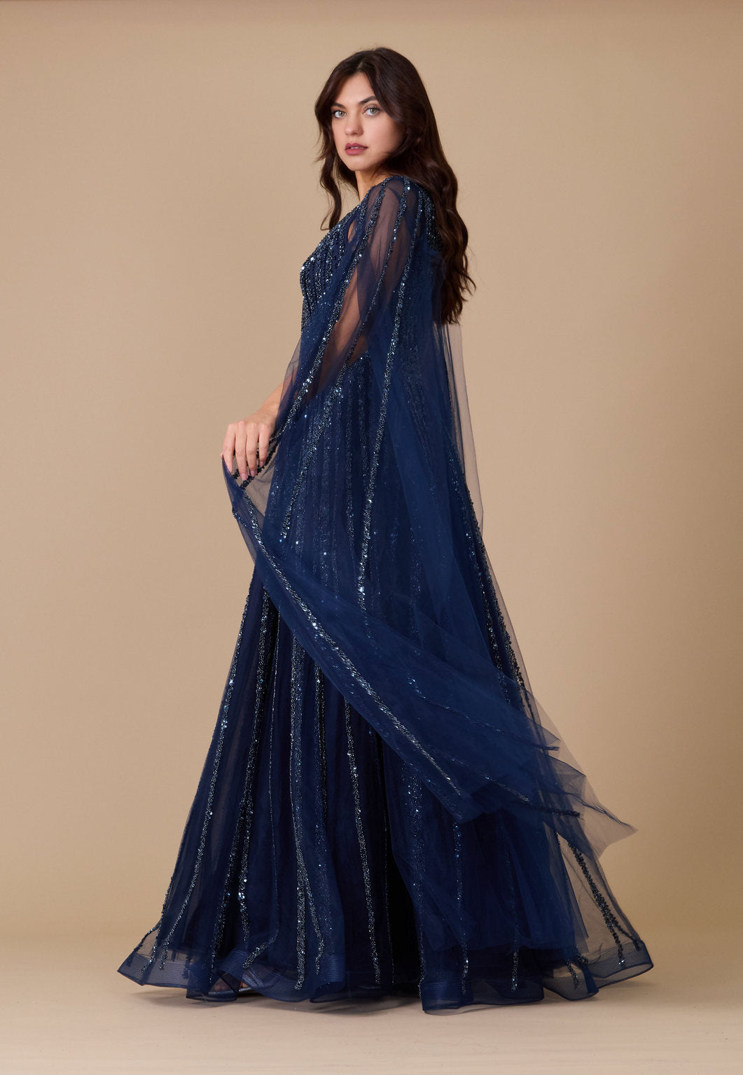 Formal Dresses Cape Sleeve Heavy Beaded Couture Formal Dress Navy