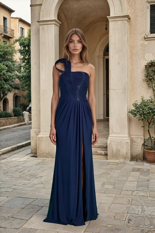Formal Dresses Sculpted Shoulder Formal Evening Dress  Navy
