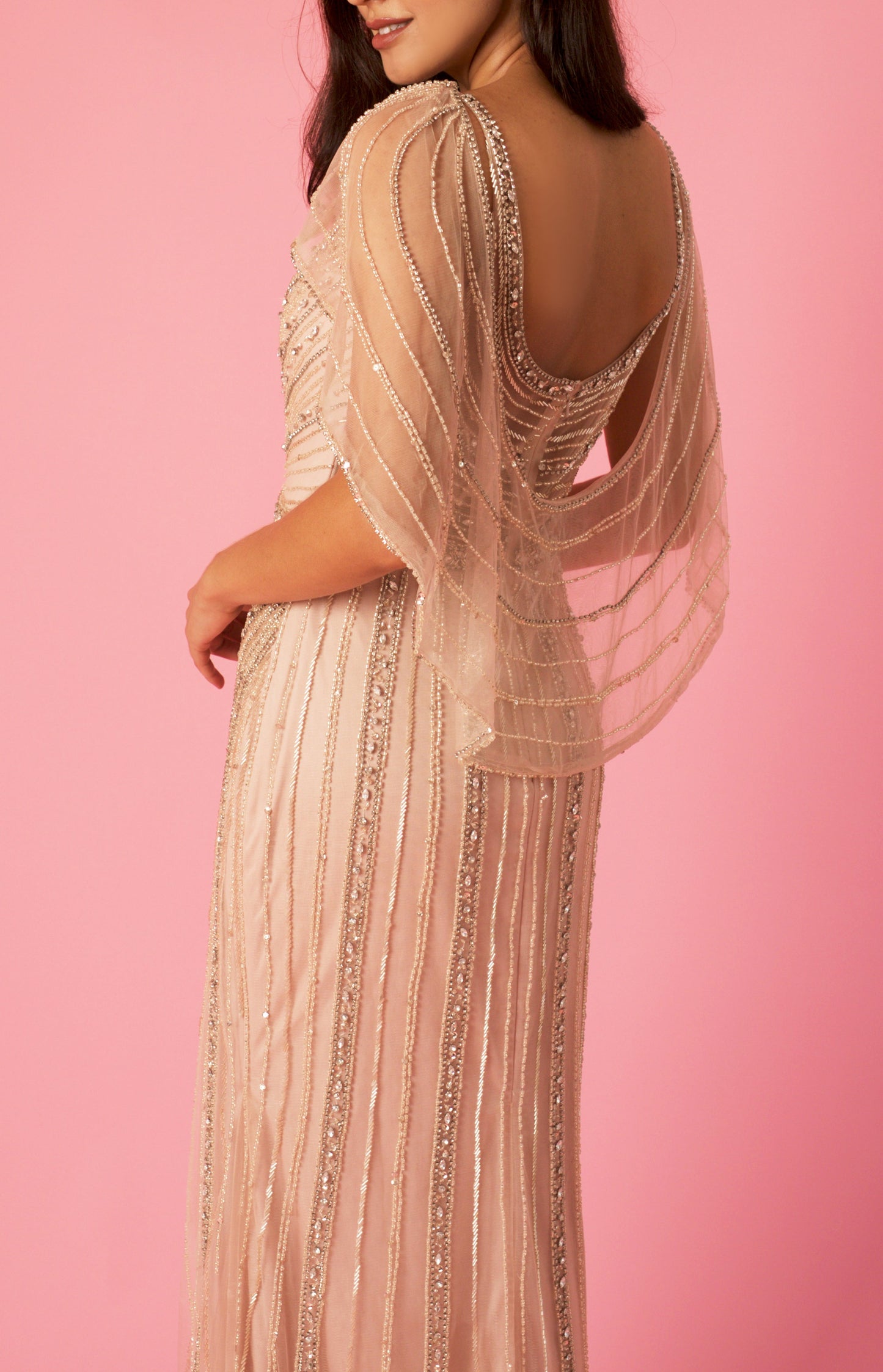 Formal Dresses  Long Couture Beaded Formal Cape Dress Rosegold