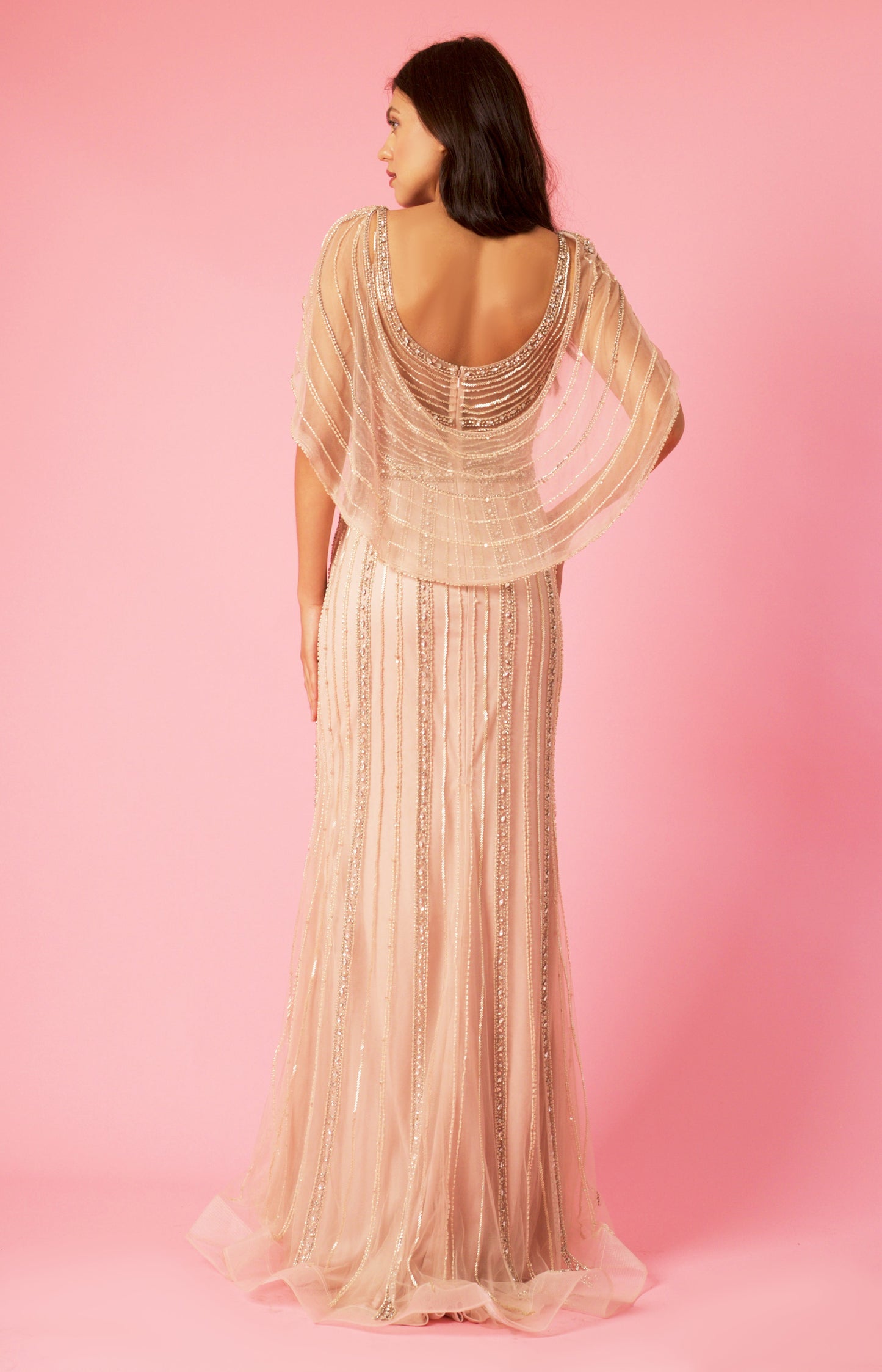 Formal Dresses  Long Couture Beaded Formal Cape Dress Rosegold
