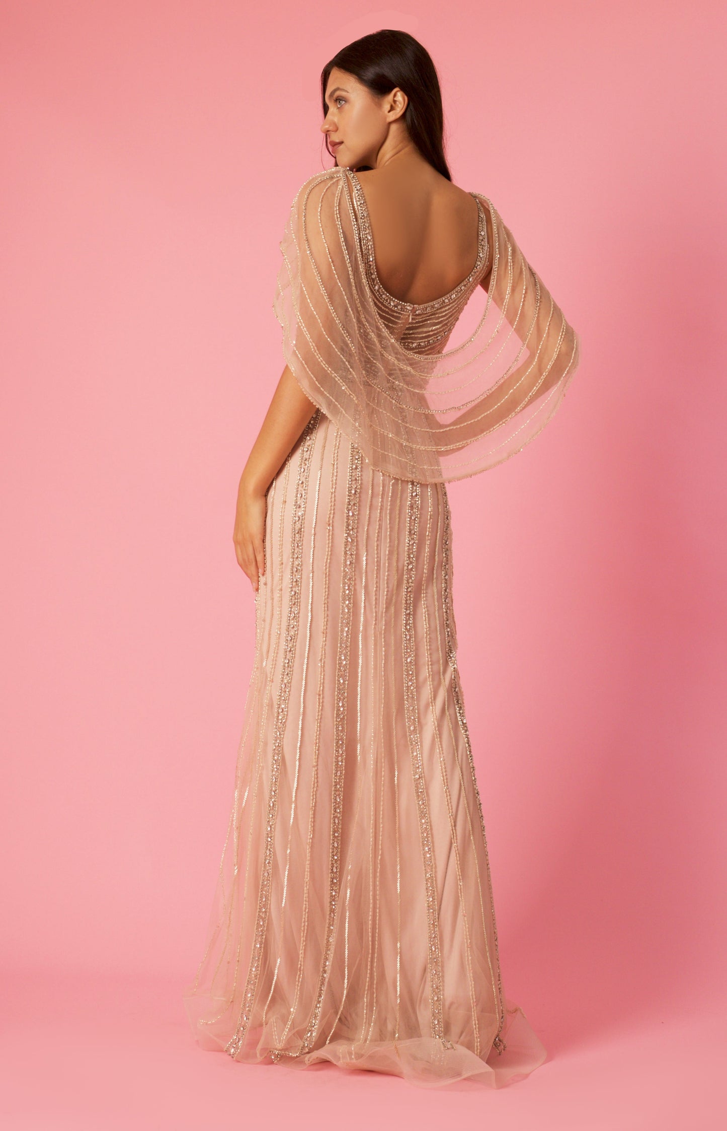 Formal Dresses  Long Couture Beaded Formal Cape Dress Rosegold