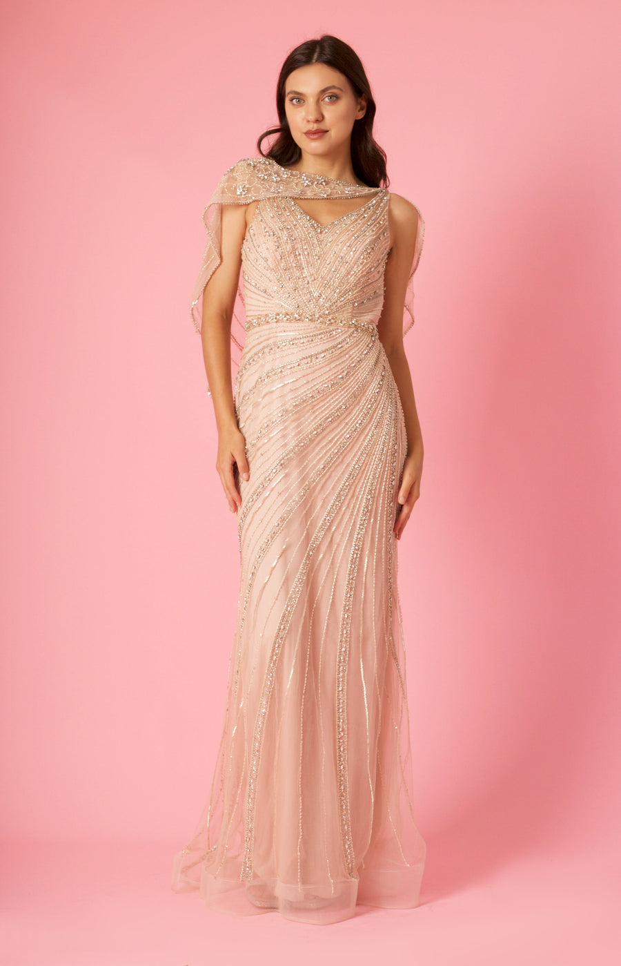 Formal Dresses  Long Couture Beaded Formal Cape Dress Rosegold