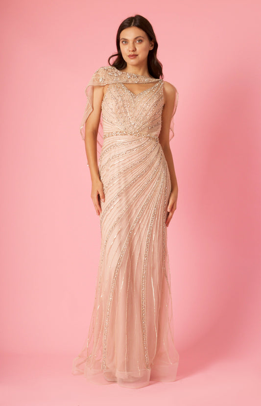 Formal Dresses  Long Couture Beaded Formal Cape Dress Rosegold