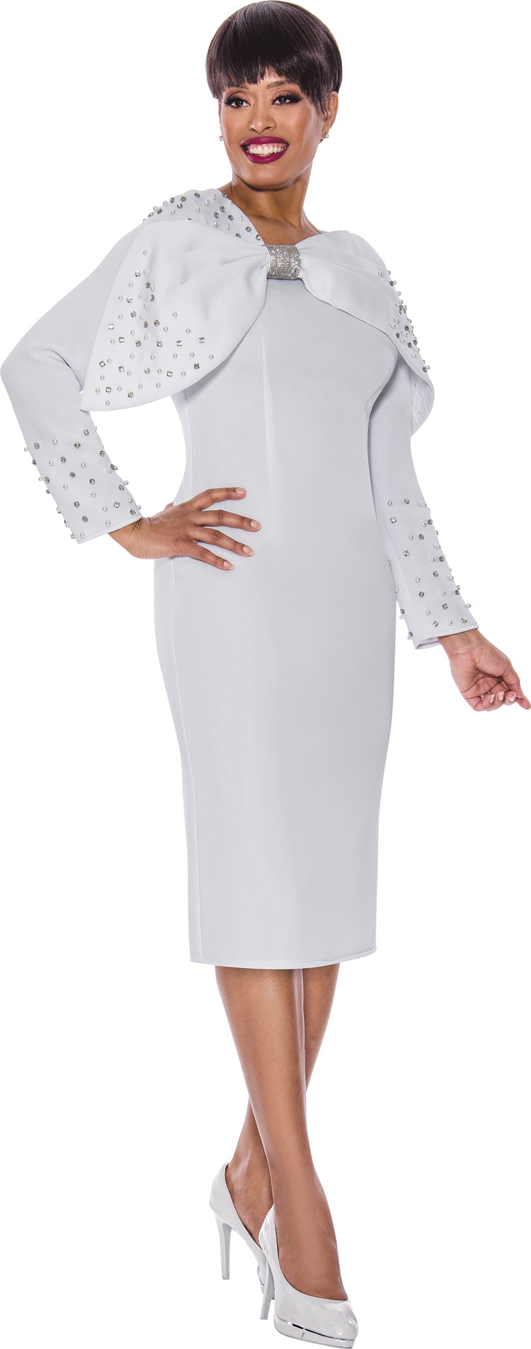 Cocktail Dresses Long Sleeve Fitted Midi Cocktail Dress White