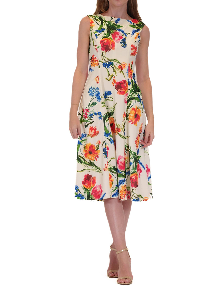 Cocktail Dresses Printed Short Midi A Line Cocktail Dress Ivory Multi