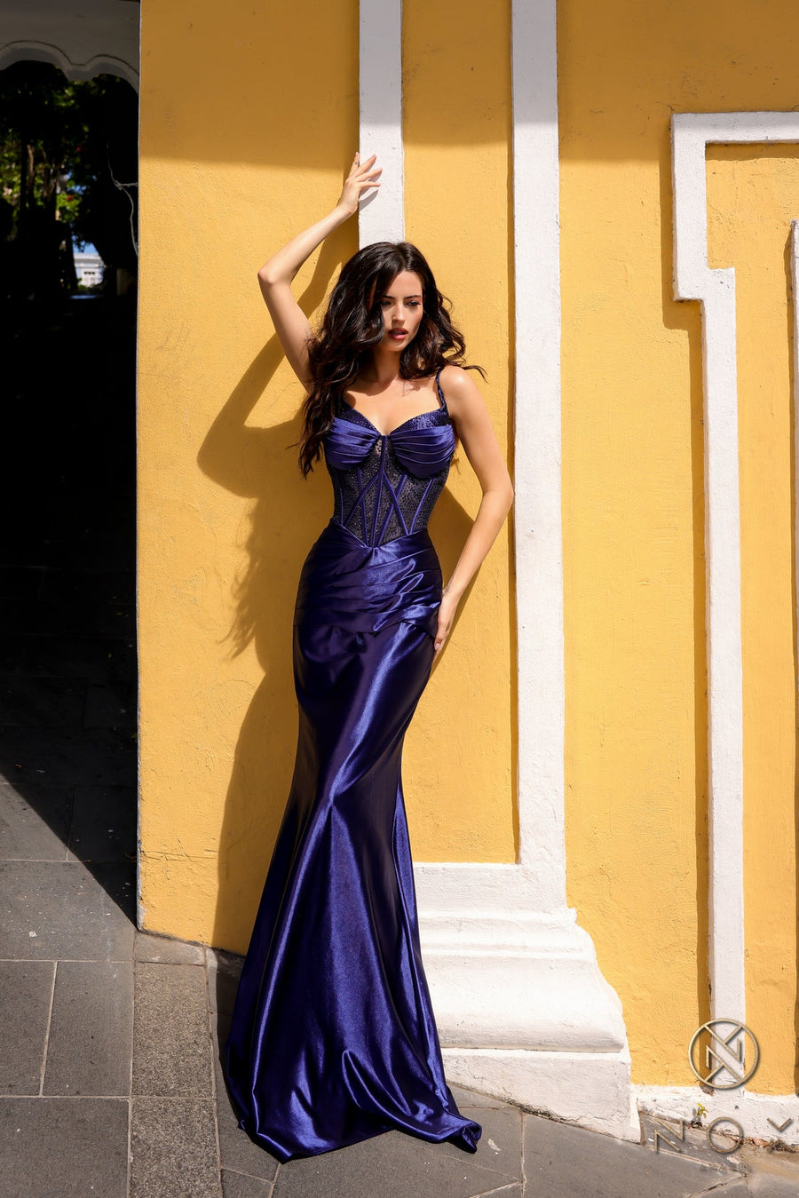 Prom Dresses Long Fitted Sweep Train Prom Gown Navy Blue