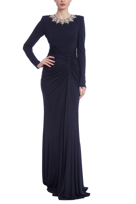 Formal Dresses Beaded Long Sleeve Formal Dress Navy