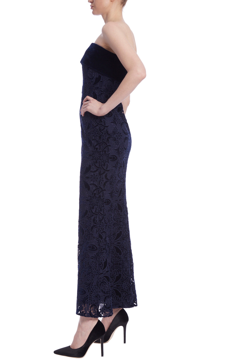 Formal Dresses Long Formal Lace Velvet Tea Length Dress Navy