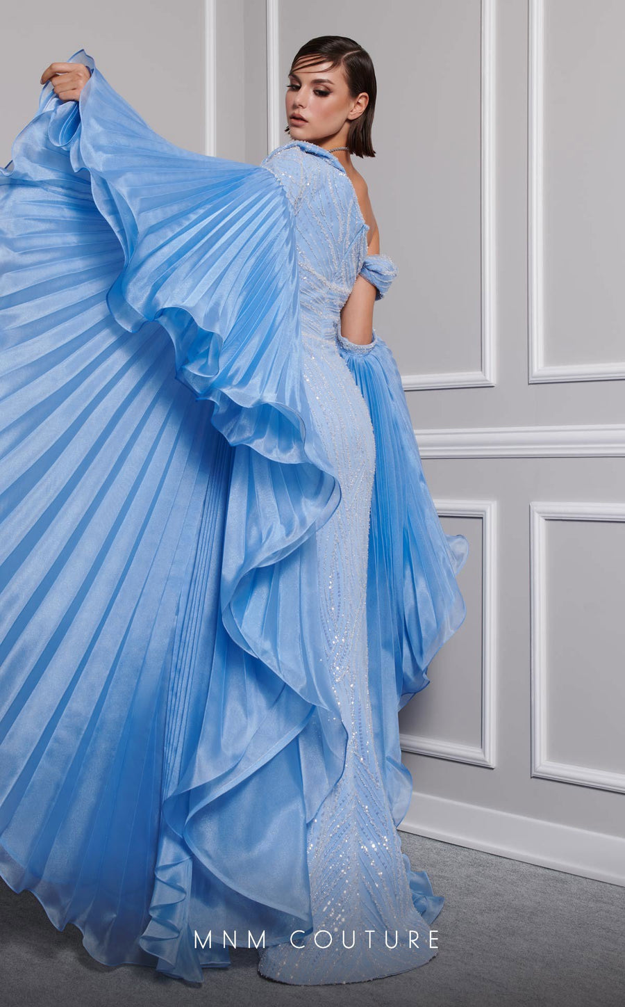 Formal Dresses Long Beaded Sequin Detachable Cape Sleeve Formal Dress Blue