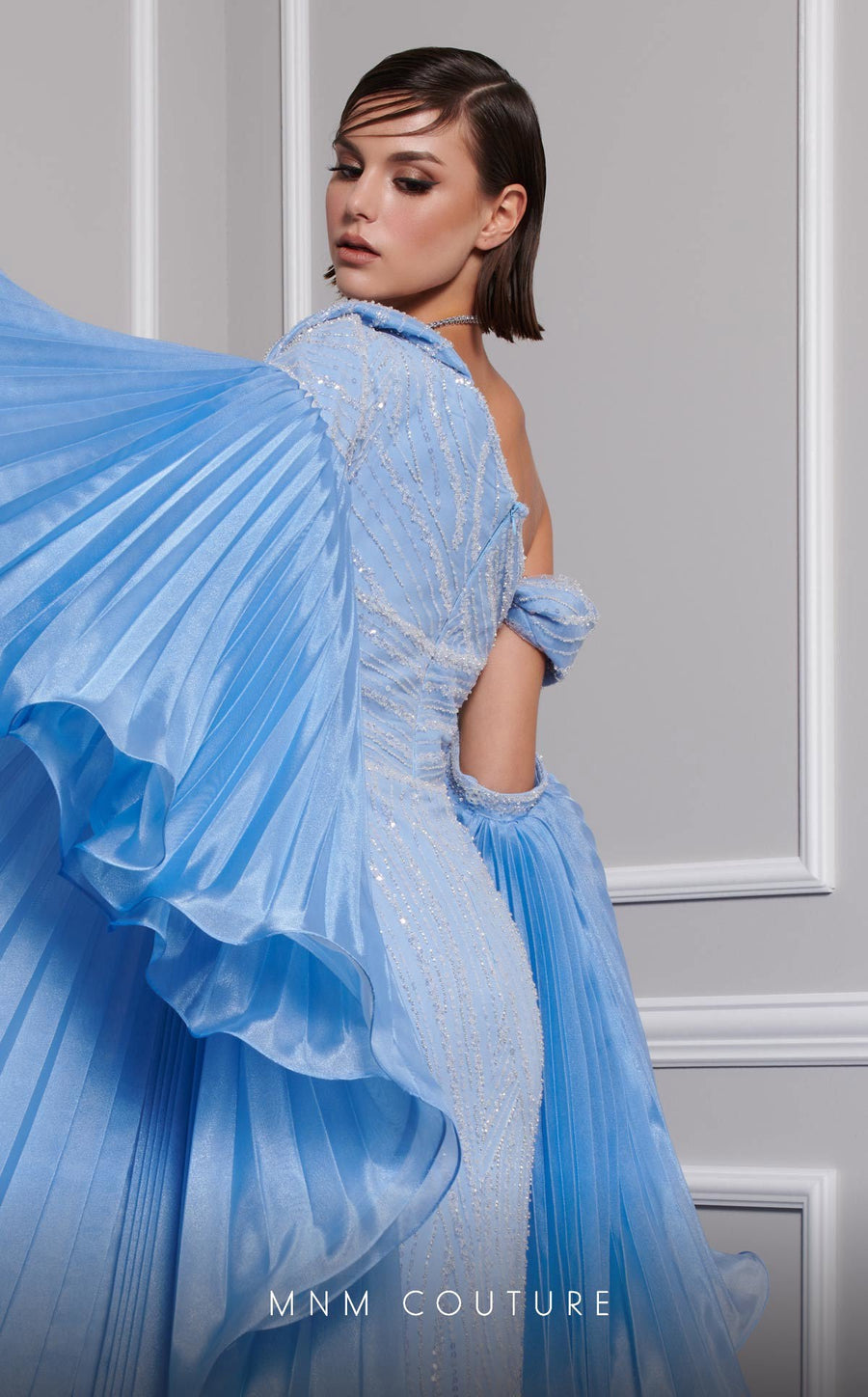 Formal Dresses Long Beaded Sequin Detachable Cape Sleeve Formal Dress Blue