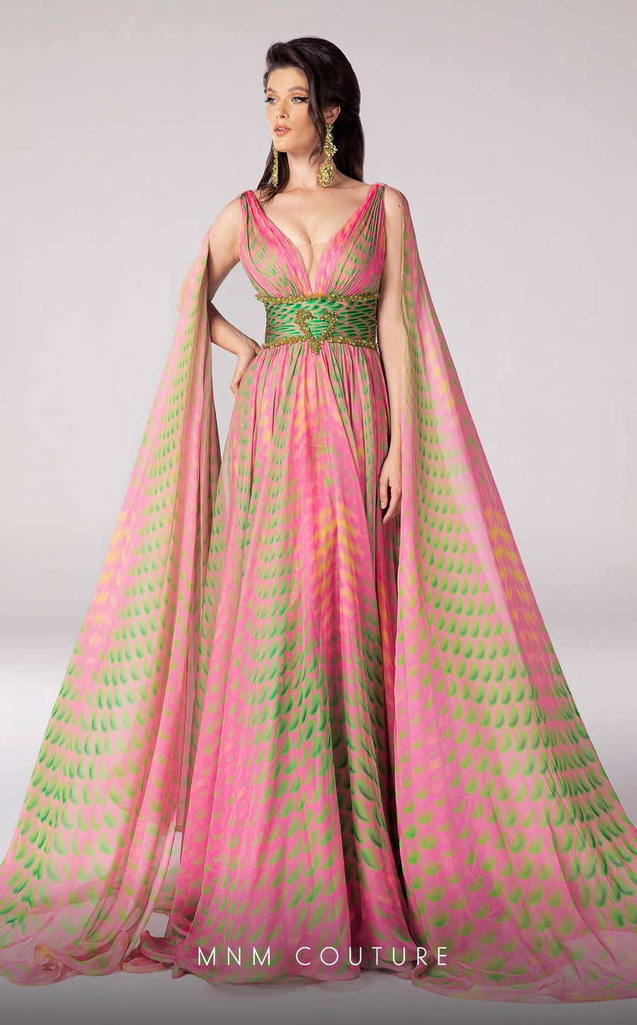 Formal Dresses Long Formal A Line Cape Sleeve Printed Evening Dress Pink