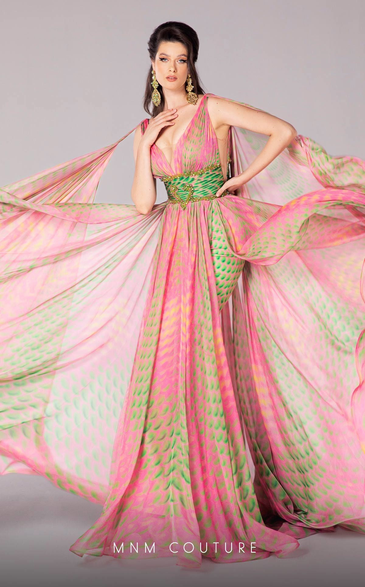 Formal Dresses Long Formal A Line Cape Sleeve Printed Evening Dress Pink