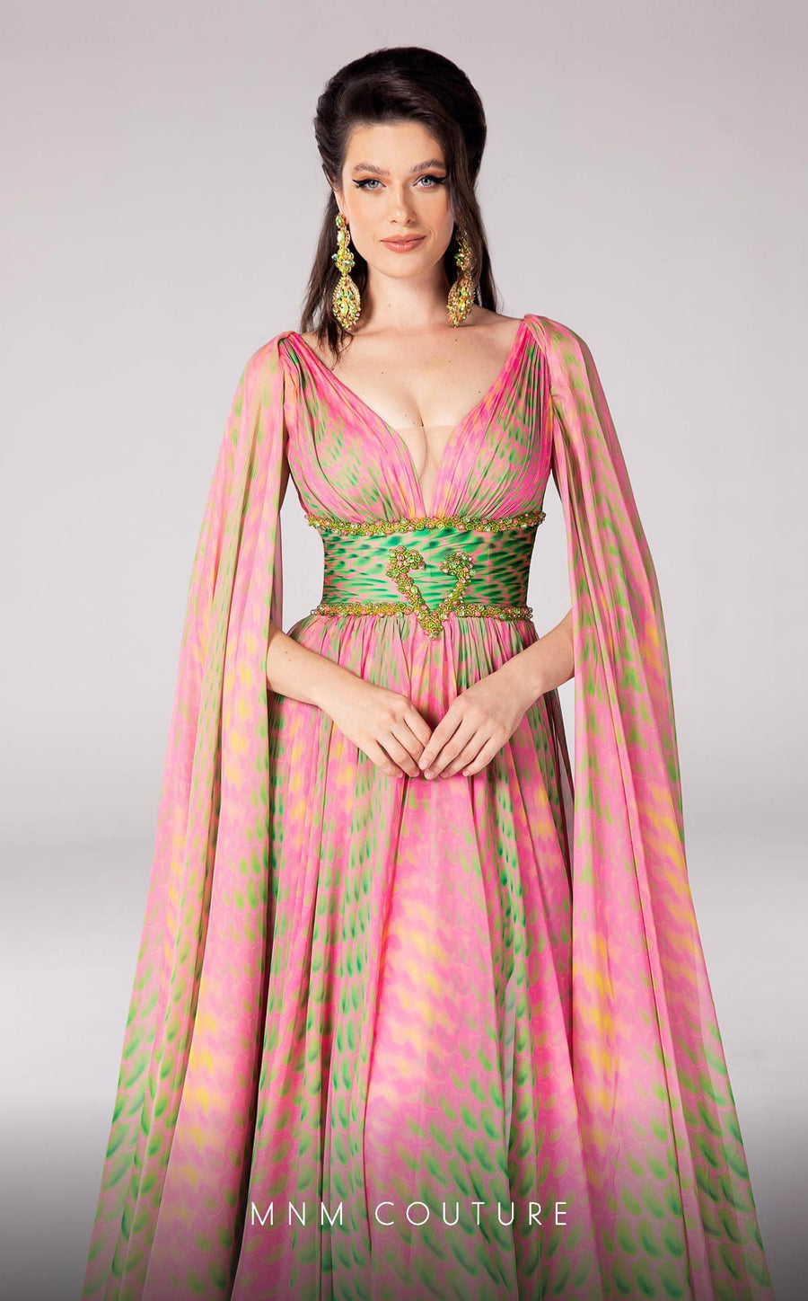 Formal Dresses Long Formal A Line Cape Sleeve Printed Evening Dress Pink