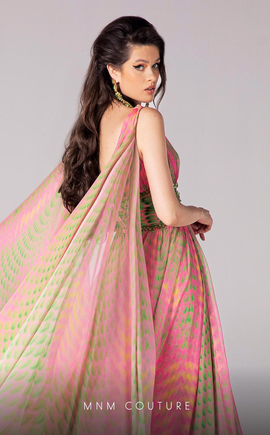 Formal Dresses Long Formal A Line Cape Sleeve Printed Evening Dress Pink