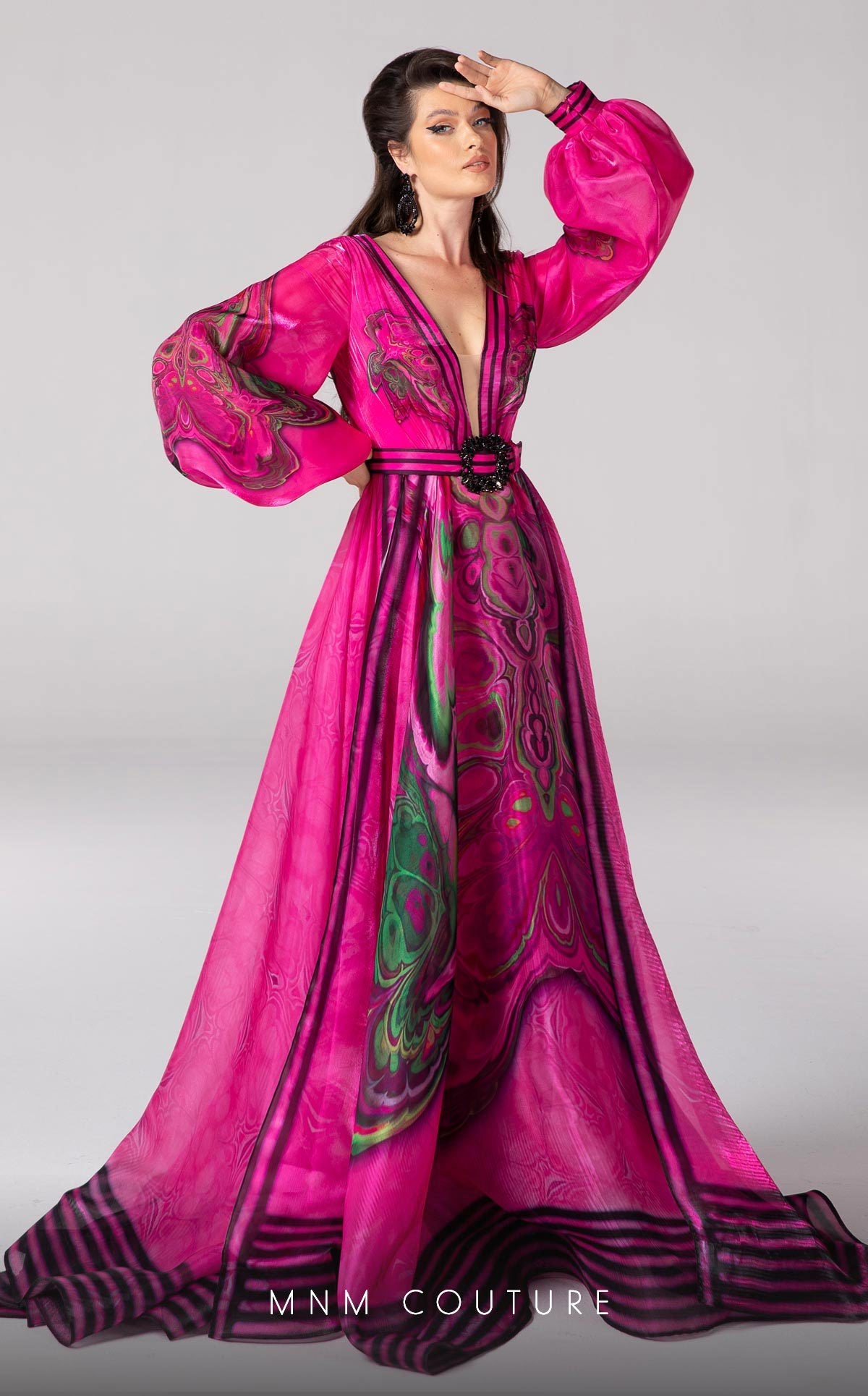 Formal Dresses Long Puff Sleeve Printed Formal Evening Dress Fuchsia
