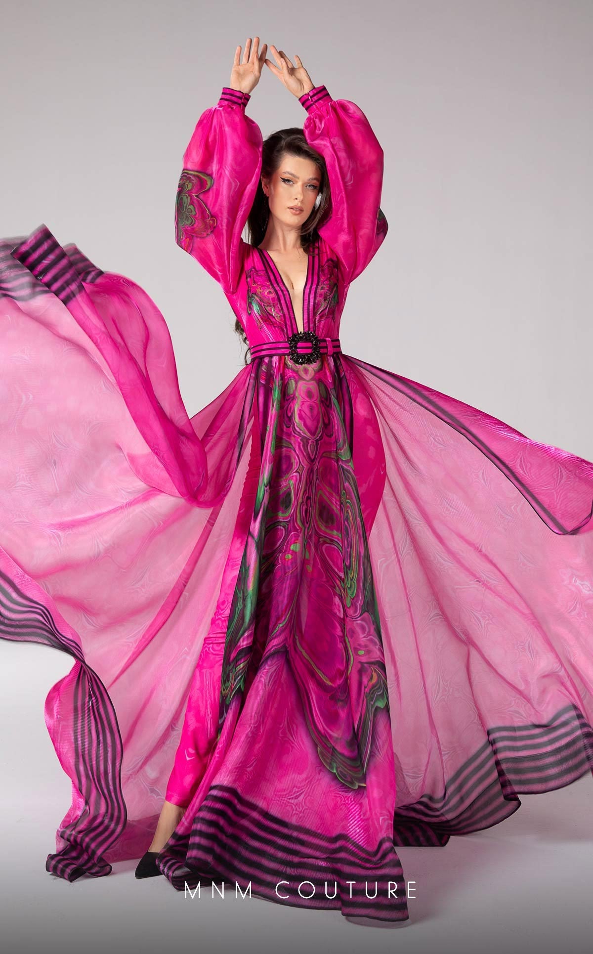 Formal Dresses Long Puff Sleeve Printed Formal Evening Dress Fuchsia
