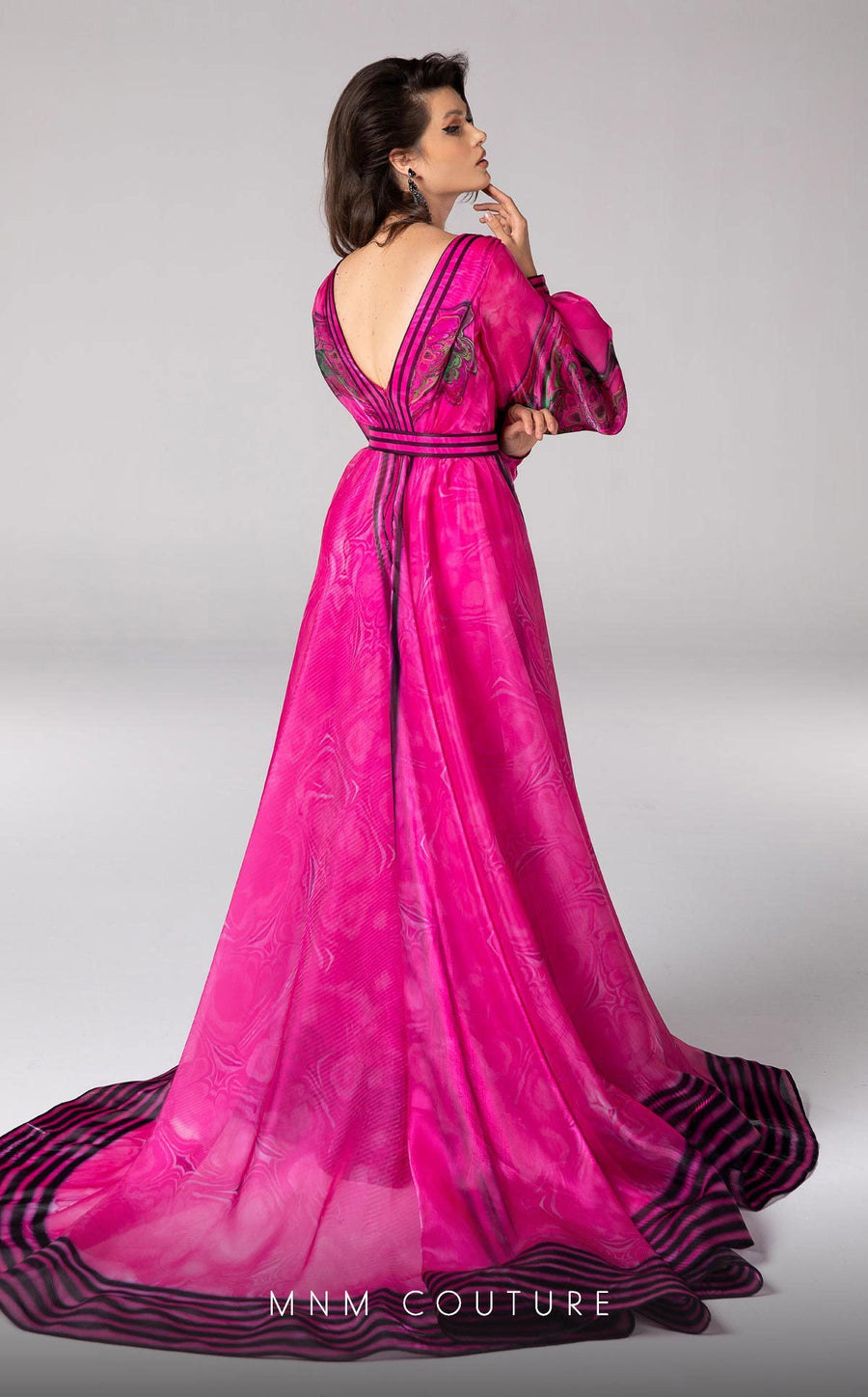Formal Dresses Long Puff Sleeve Printed Formal Evening Dress Fuchsia