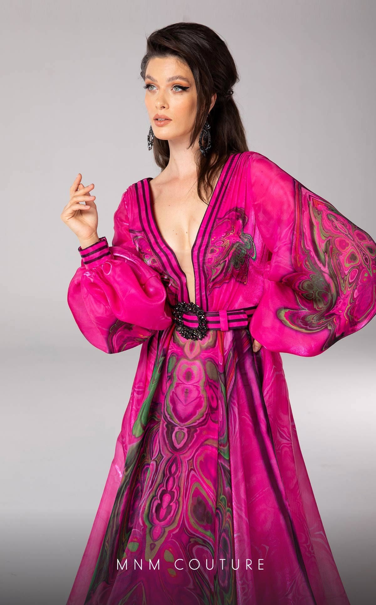 Formal Dresses Long Puff Sleeve Printed Formal Evening Dress Fuchsia