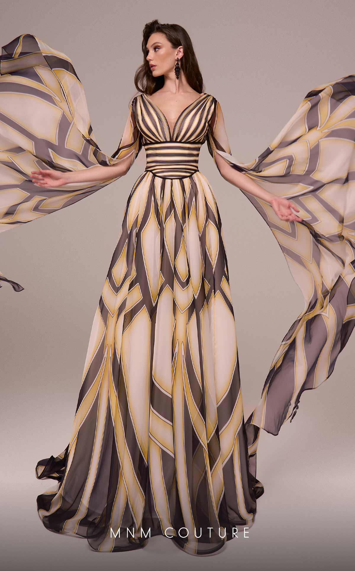 Formal Dresses Printe A Line Long Formal Cape Sleeve Evening Dress Black/Yellow