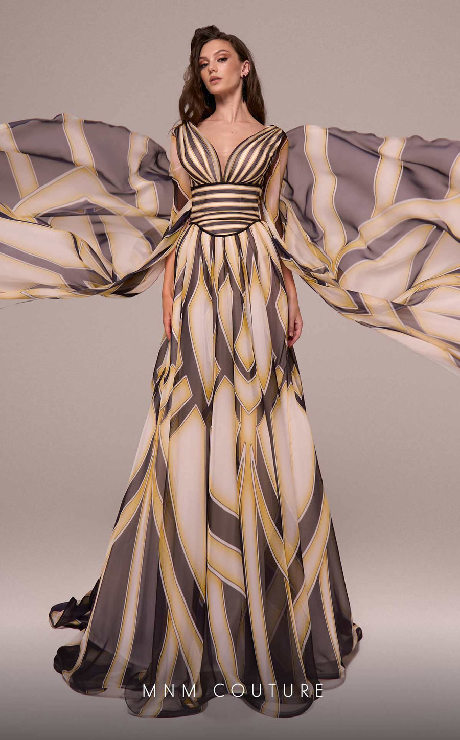 Formal Dresses Printe A Line Long Formal Cape Sleeve Evening Dress Black/Yellow