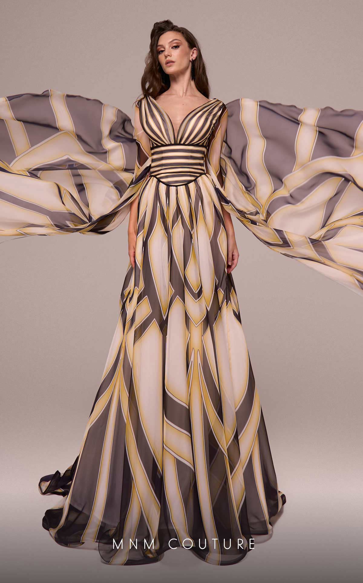 Formal Dresses Printe A Line Long Formal Cape Sleeve Evening Dress Black/Yellow