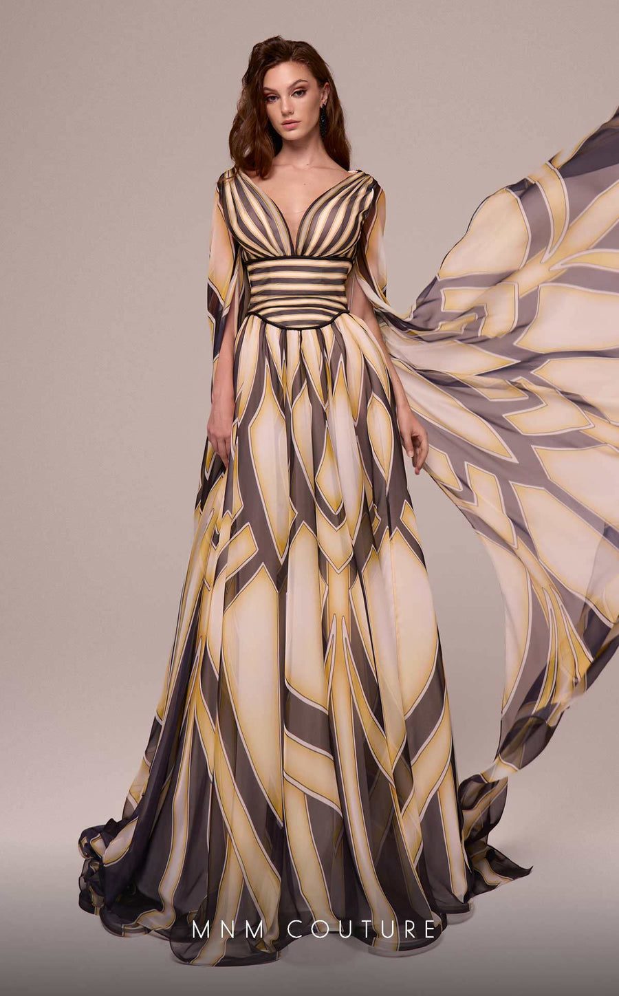 Formal Dresses Printe A Line Long Formal Cape Sleeve Evening Dress Black/Yellow