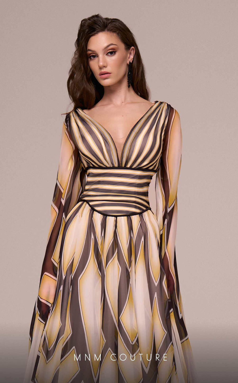 Formal Dresses Printe A Line Long Formal Cape Sleeve Evening Dress Black/Yellow