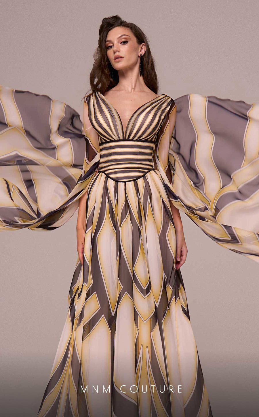 Formal Dresses Printe A Line Long Formal Cape Sleeve Evening Dress Black/Yellow