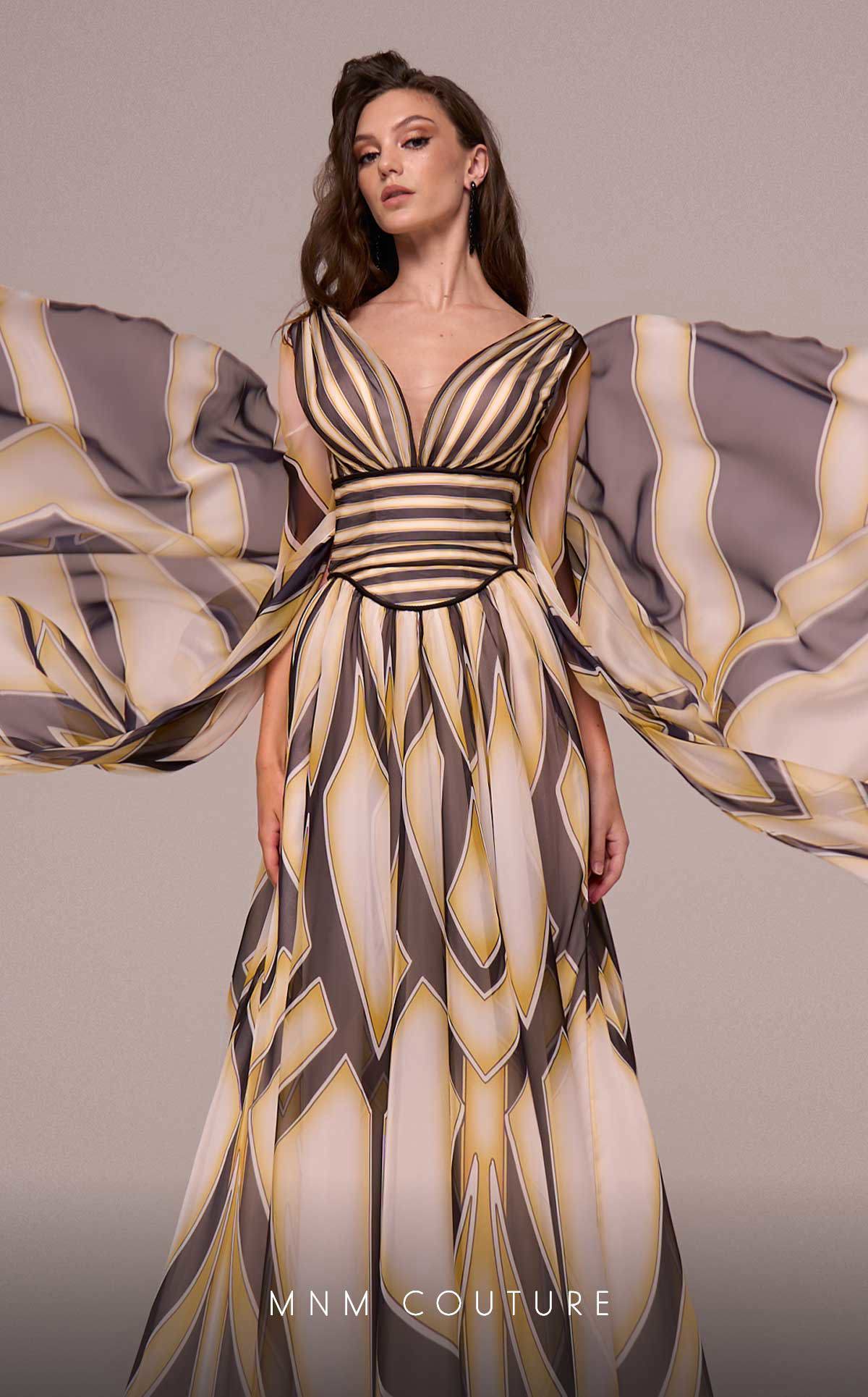 Formal Dresses Printe A Line Long Formal Cape Sleeve Evening Dress Black/Yellow