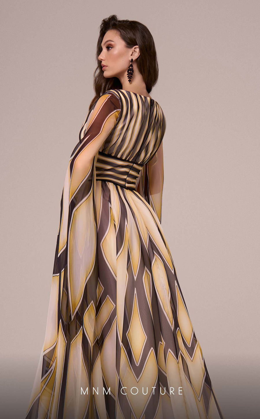 Formal Dresses Printe A Line Long Formal Cape Sleeve Evening Dress Black/Yellow