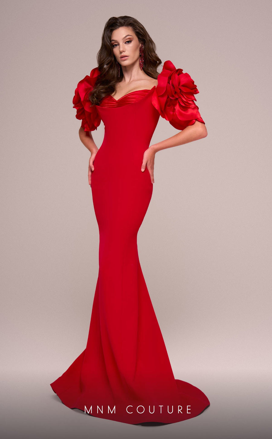Formal Dresses Fitted Long Formal 3D Floral Appliques Evening Dress Red