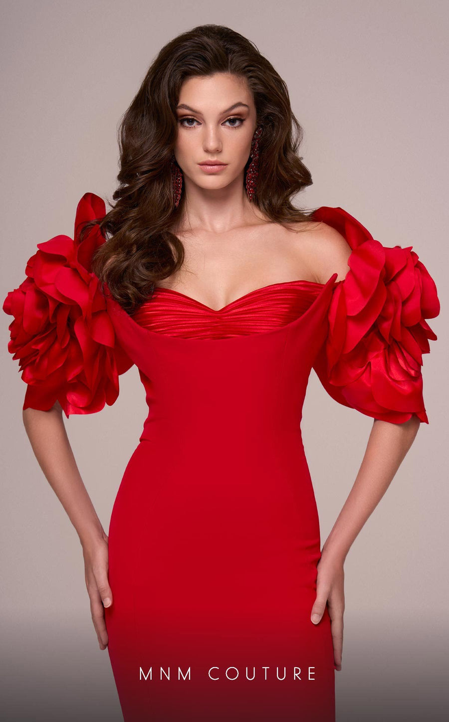 Formal Dresses Fitted Long Formal 3D Floral Appliques Evening Dress Red