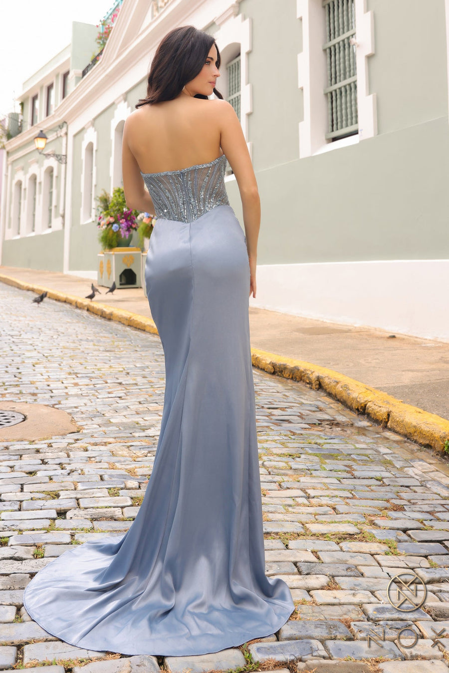 Prom Dresses Beaded Long Fitted Prom Dress Smoky Blue