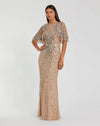 Formal DressesLong Beaded Formal Fitted Capelet Evening Dress Nude Silver