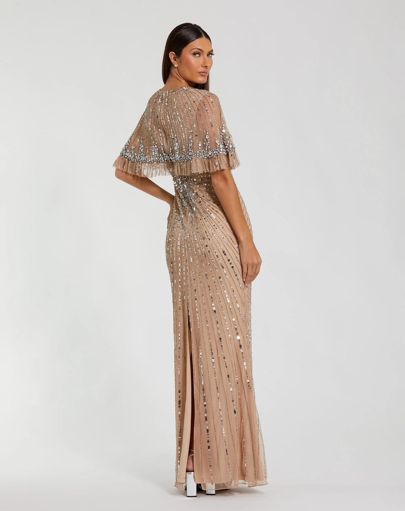 Formal DressesLong Beaded Formal Fitted Capelet Evening Dress Nude Silver