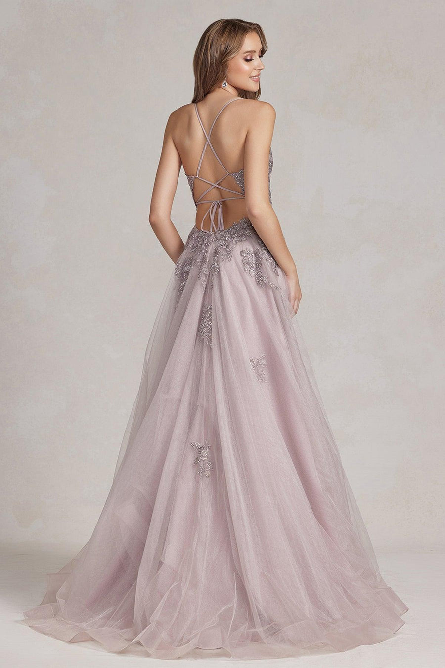 Nox Anabel G1149 Long Spaghetti Strap Sexy Prom Tulle Gown Light Mauve