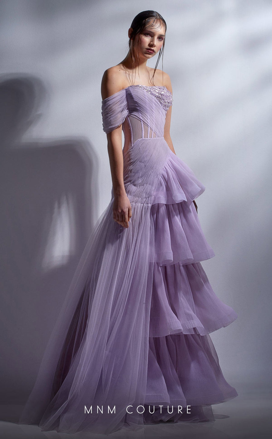 Prom Dresses A Line Formal Long Beaded Corset Ruffle Prom Dress Lilac